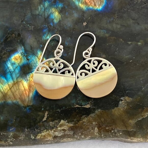 Sterling Silver 925 Round Mother Of Pearl MOP Scrollwork Accent Dangle Earrings - Picture 6 of 16